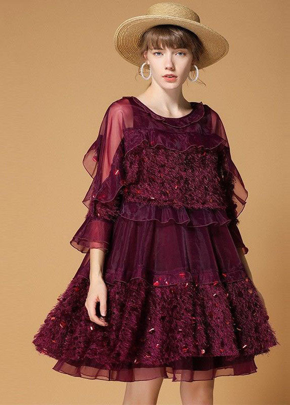 Mulberry Patchwork Tulle Dress Sequins Hollow Out Half Sleeve