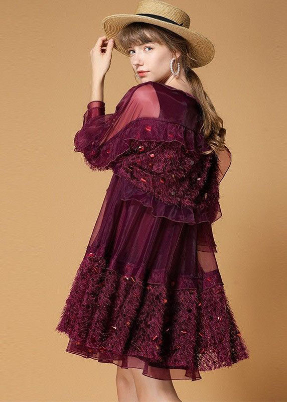 Mulberry Patchwork Tulle Dress Sequins Hollow Out Half Sleeve