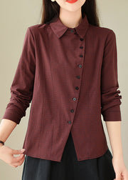 Mulberry Plaid Button Cotton Shirt Tops Peter Pan Collar Spring