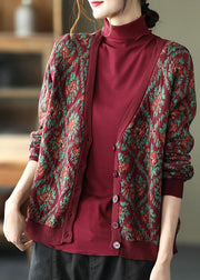 Mulberry Print Knit Loose Cardigan V Neck Button Spring