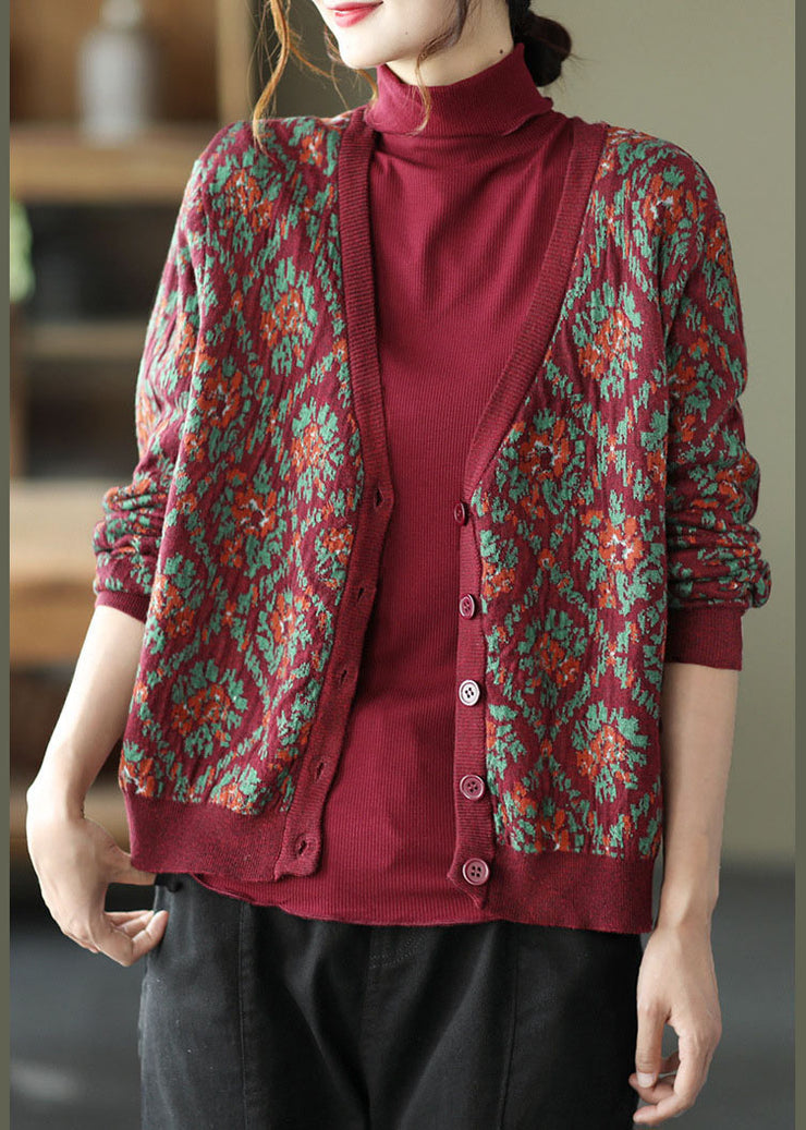 Mulberry Print Knit Loose Cardigan V Neck Button Spring