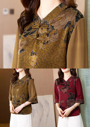 Mulberry Print Silk Shirts Chinese Button Stand Collar Summer