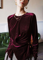 Mulberry Silk Velour Blouses Asymmetrical Button Long Sleeve