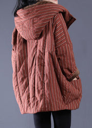 Maulbeere gestreifte, mit feiner Baumwolle gefüllte Jacke im Winter mit Reißverschlusstaschen Winter