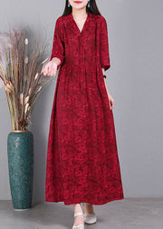Mulberry V Neck Print Cinched Silk Urlaubskleider mit langen Ärmeln