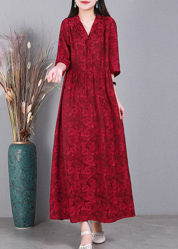Mulberry V Neck Print Cinched Silk Vacation Dresses Long Sleeve