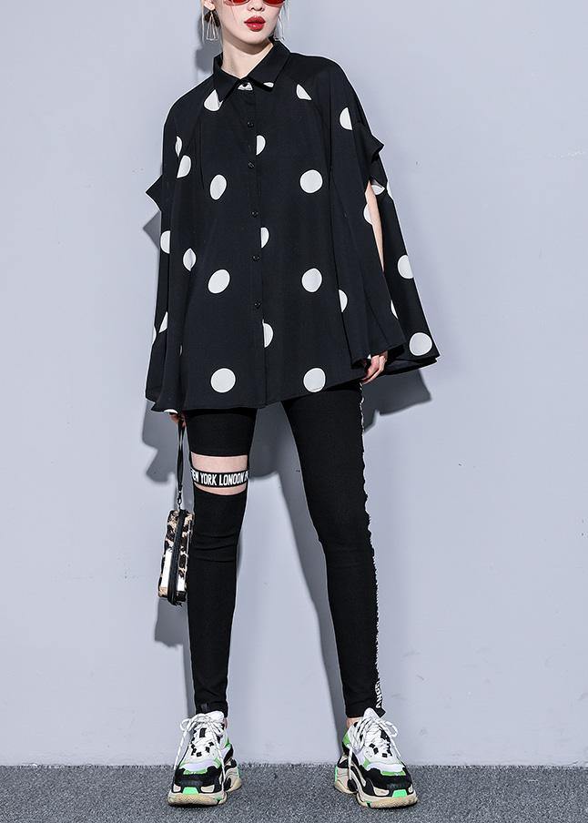 Mu black dotted chiffon clothes For Women 18th Century Catwalk lapel Art Summer Dress - SooLinen