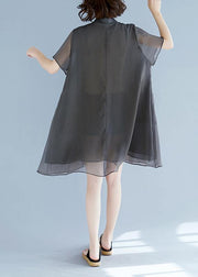 Mu stand collar pockets chiffon Women plus size Shirts khaki A Line Dress Summer - SooLinen