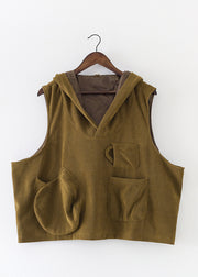 Mustard Green Velour Hooded Waistcoat And Crop Pants Two Pieces Set Fall