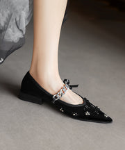 Nail Bead Splicing Chain Linked Flat Shoes French Black Velour