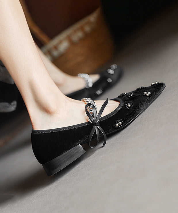 Nail Bead Splicing Chain Linked Flat Shoes French Black Velour