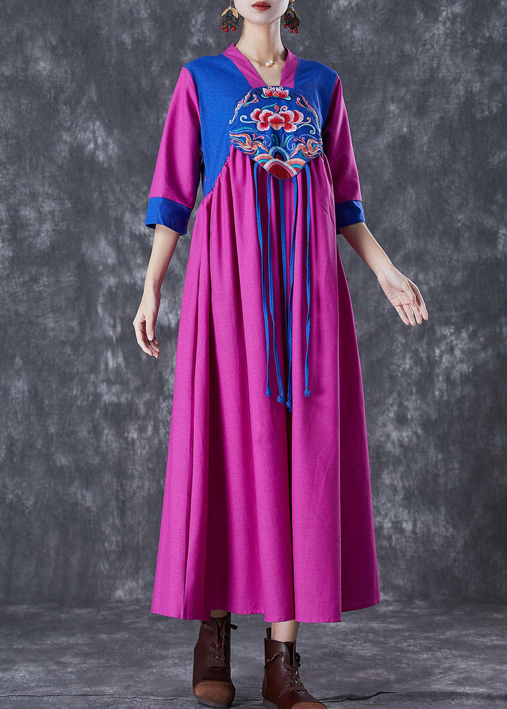 National Style Purple Red Embroidered Patchwork Tasseled Linen Dresses Summer