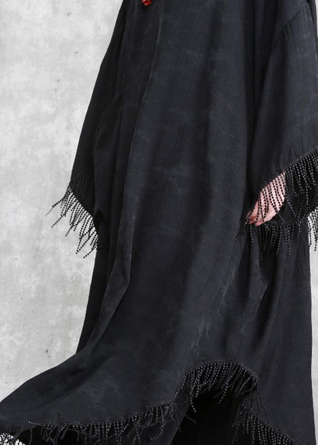 Black Tasseled Silk Linen Cape Dress Caftans Plus Size outfits - SooLinen