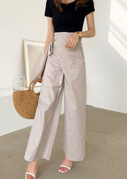 Natural Apricot Asymmetrical Lace Up Patchwork Cotton Pants Summer