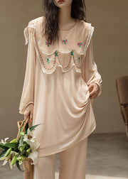 Natural Apricot O-Neck Embroidered Patchwork Ice Silk Pajamas Two Piece Spring