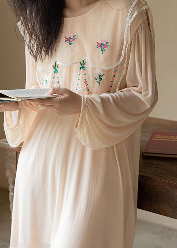 Natural Apricot O-Neck Embroidered Patchwork Ice Silk Pajamas Two Piece Spring