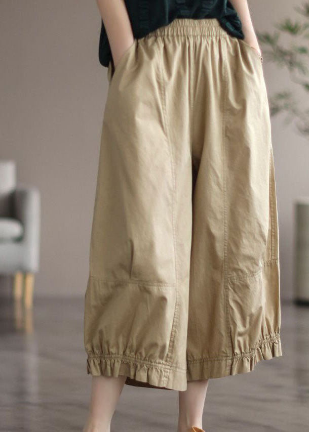 Natural Apricot Pockets Wrinkled Patchwork Cotton Crop Pants Summer