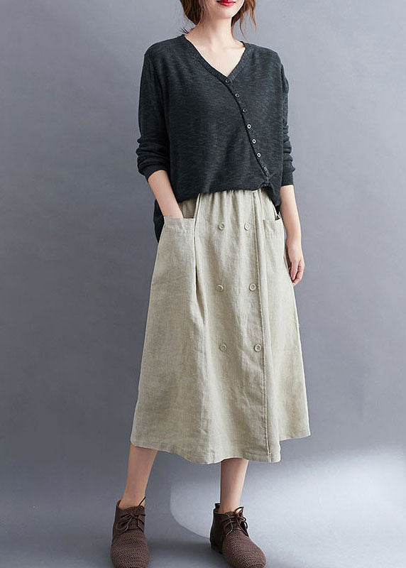 Natural Apricot Wrinkled Pockets Patchwork Linen Skirts Summer