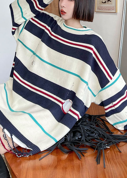 Natural Beige Loose Striped Patchwork Fall Knit Sweater