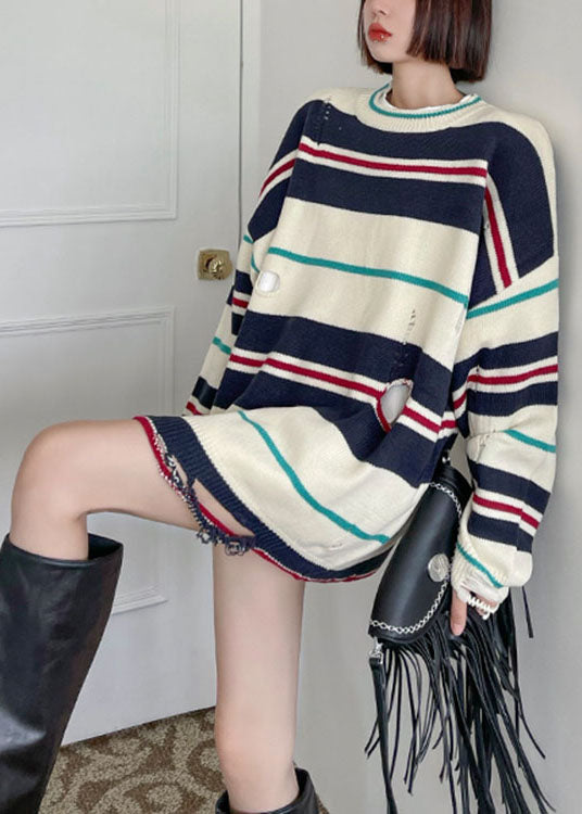 Natural Beige Loose Striped Patchwork Fall Knit Sweater