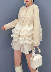 Natural Beige O-Neck Tulle Patchwork Knit Top Long Sleeve