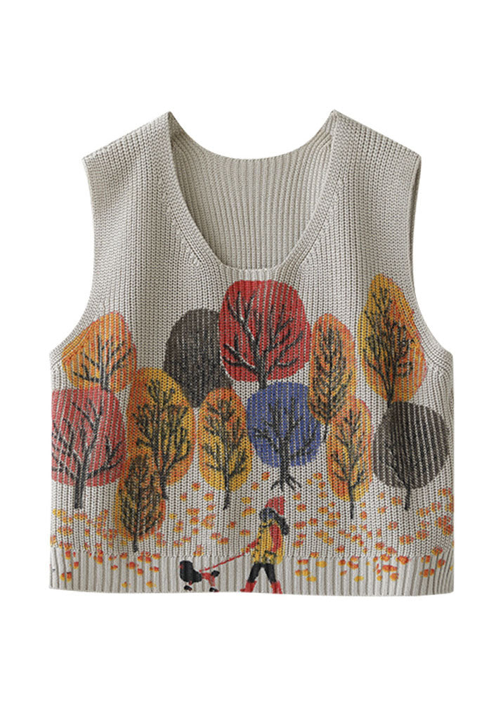 Natural Beige Print Knit Casual Vest Sleeveless