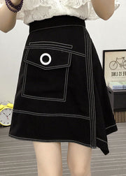 Natural Black Asymmetrical Patchwork Pockets Cotton Skirts Summer