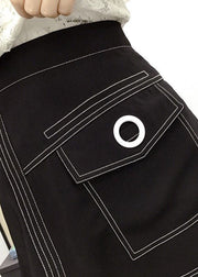 Natural Black Asymmetrical Patchwork Pockets Cotton Skirts Summer