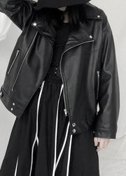 Natural Black Asymmetrical Patchwork Zippered Pockets Faux Leather Jackets Long Sleeve