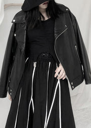 Natural Black Asymmetrical Patchwork Zippered Pockets Faux Leather Jackets Long Sleeve
