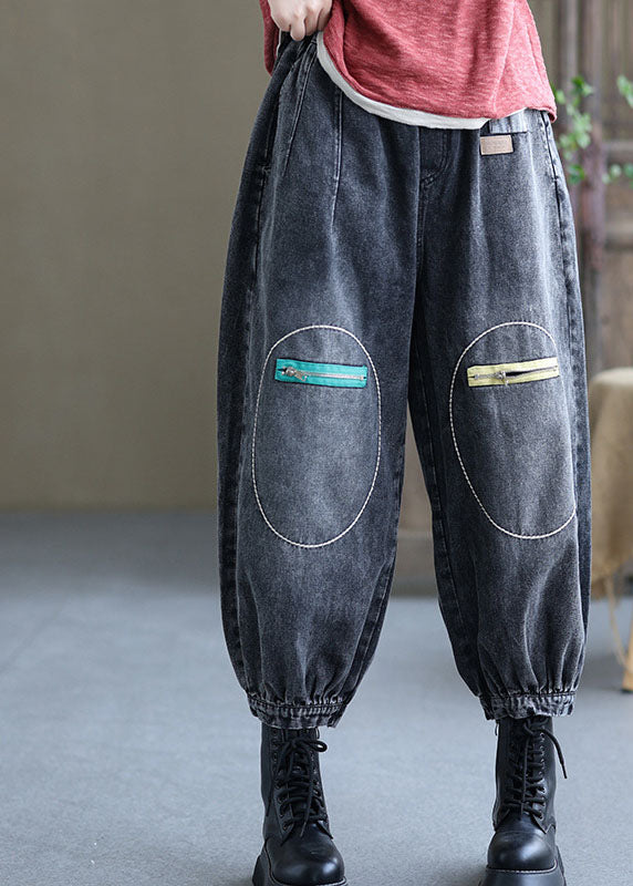 Natural Black Casual Elastic Waist Pockets Fall Denim Pants