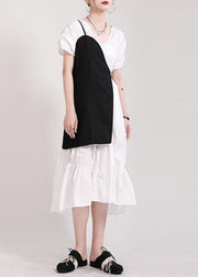 Natural Black Cotton V Neck Asymmetrical Design Summer Vacation Dress Short Sleeve - SooLinen