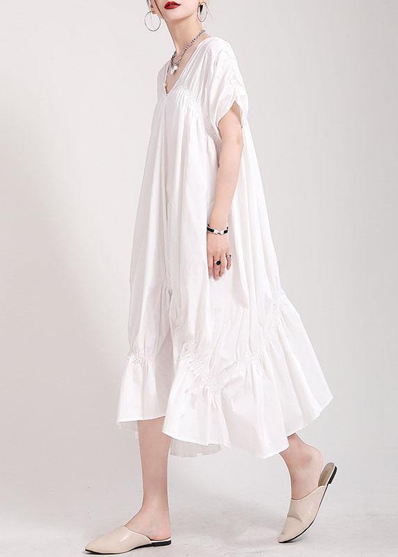 Natural Black Cotton V Neck Asymmetrical Design Summer Vacation Dress Short Sleeve - SooLinen