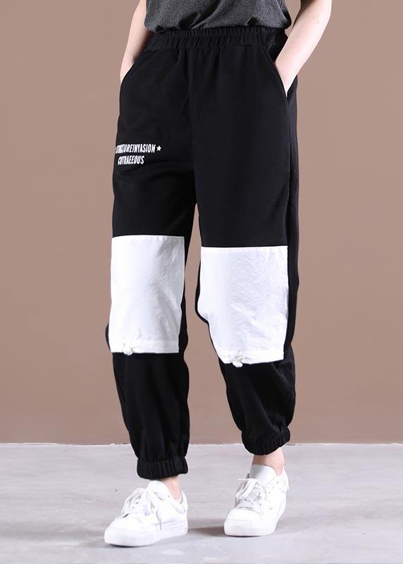 Natural Black Elastic Waist Patchwork Pants Summer Cotton - SooLinen