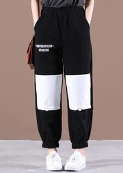 Natural Black Elastic Waist Patchwork Pants Summer Cotton - SooLinen