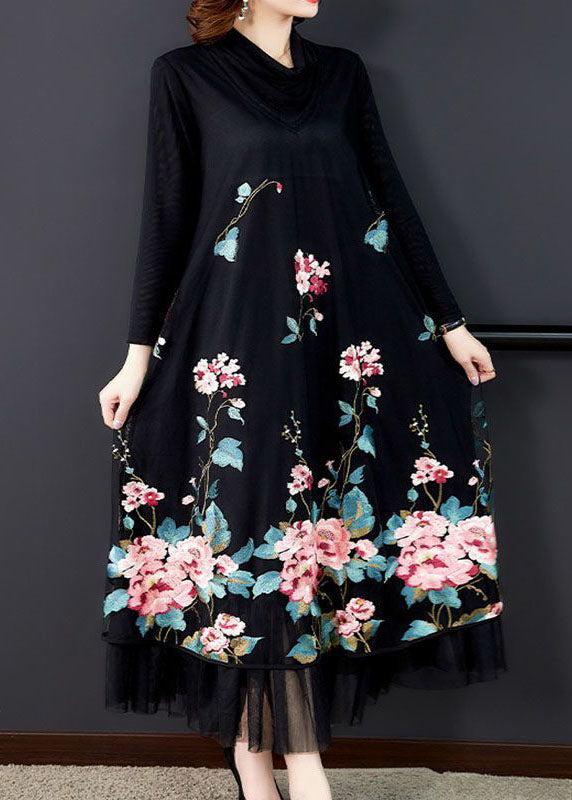 Natural Black Embroidered Patchwork Silk Holiday Dress Spring