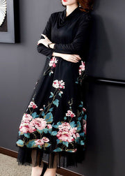 Natural Black Embroidered Patchwork Silk Holiday Dress Spring