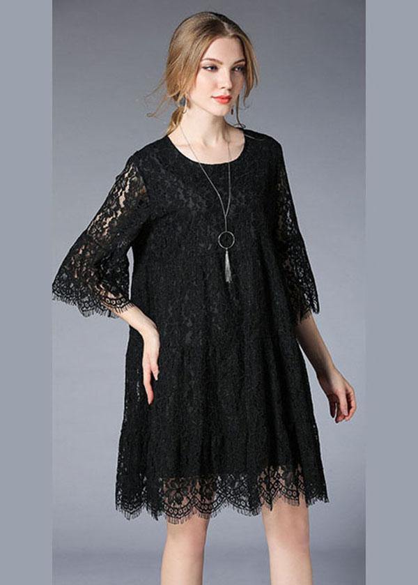 Natural Black Flare Sleeve Hollow Out Spring Holiday Dress - SooLinen