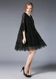 Natural Black Flare Sleeve Hollow Out Spring Holiday Dress - SooLinen