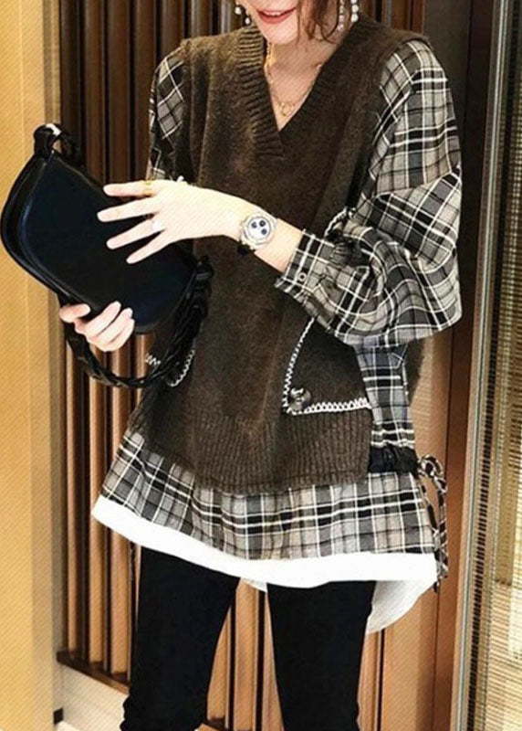 Natural Black Knit Patchwork Plaid Loose Fall Knit Sweater