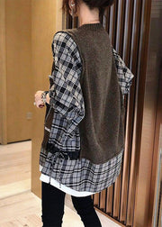 Natural Black Knit Patchwork Plaid Loose Fall Knit Sweater