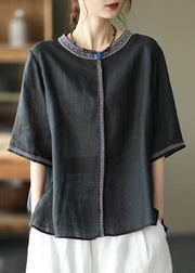 Natural Black O-Neck Embroideried Summer Ramie Blouses Half Sleeve - SooLinen