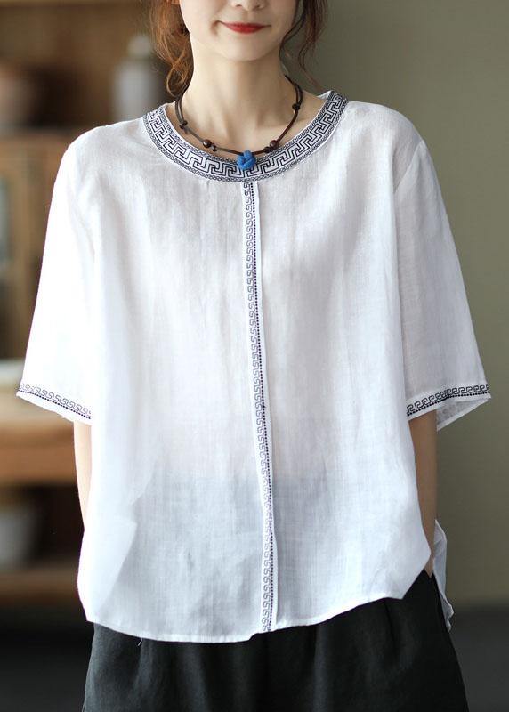 Natural Black O-Neck Embroideried Summer Ramie Blouses Half Sleeve - SooLinen