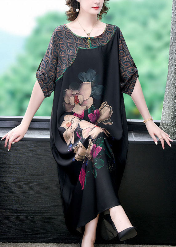 Natural Black O Neck Floral Print Patchwork Silk Long Dresses Summer