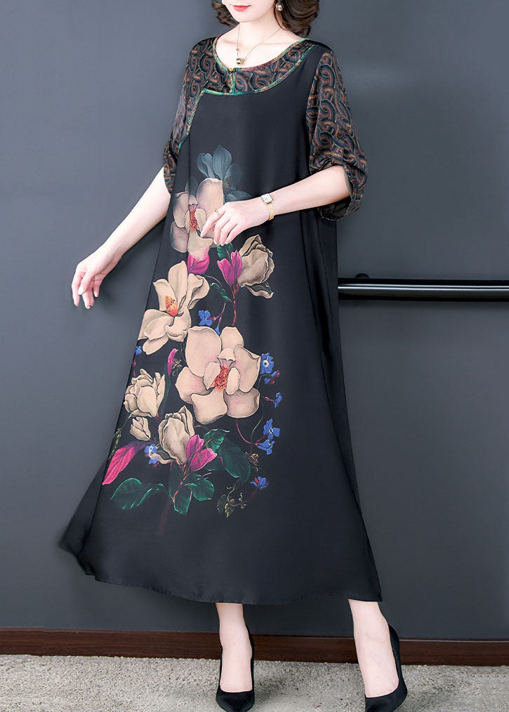 Natural Black O Neck Floral Print Patchwork Silk Long Dresses Summer