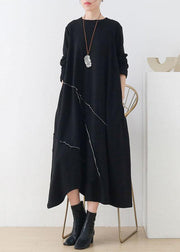 Natural Black O-Neck Patchwork Fall Knit Dress Long Sleeve - SooLinen
