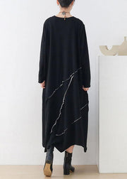 Natural Black O-Neck Patchwork Fall Knit Dress Long Sleeve - SooLinen