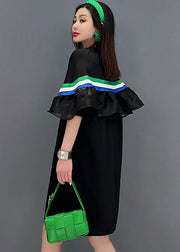 Natural Black O-Neck Patchwork Ruffles Print Cotton Maxi Dresses Short Sleeve