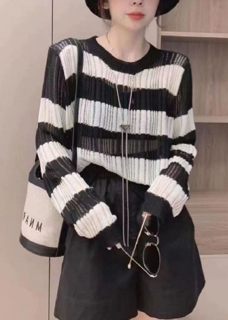 Natural Black O Neck Striped Hollow Out Thin Knit Tops Long Sleeve