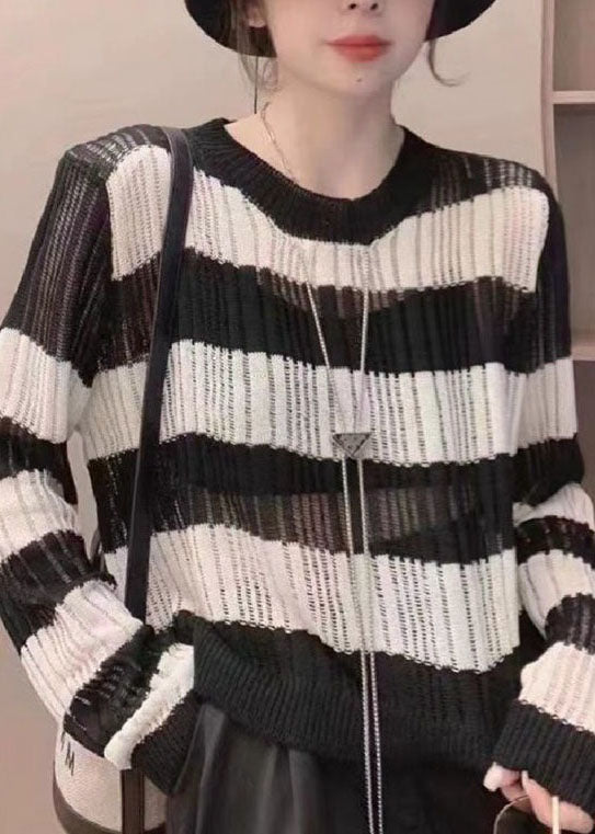 Natural Black O Neck Striped Hollow Out Thin Knit Tops Long Sleeve